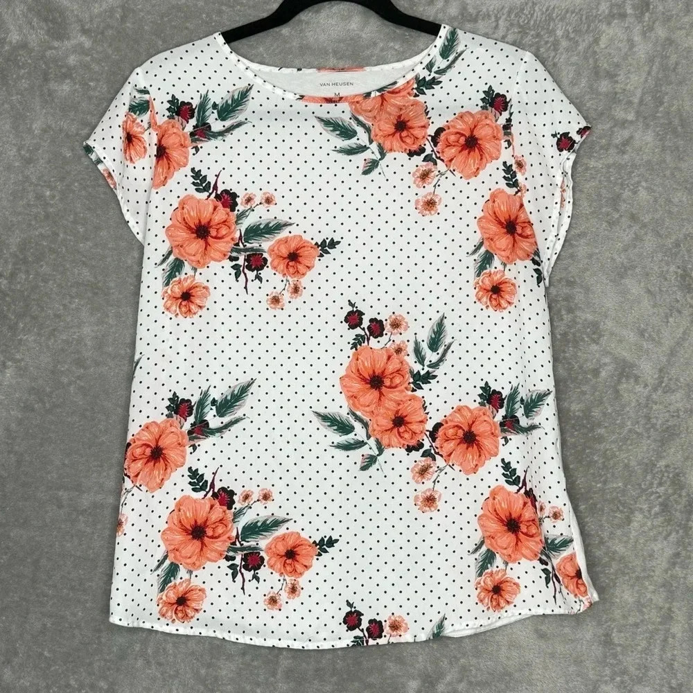 Van Heusen M Medium‎ Shirt Top White Coral Pink Floral Short Sleeve Round Neck